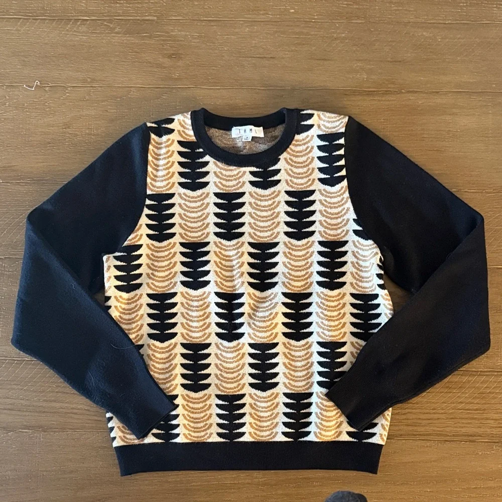 THML Black and Cream Patterned Crewneck Sweater - Picture 1 of 4